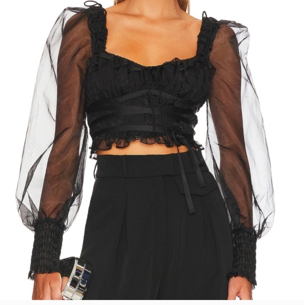 For Love and Lemons Black Sheer Puff Sleeve Top